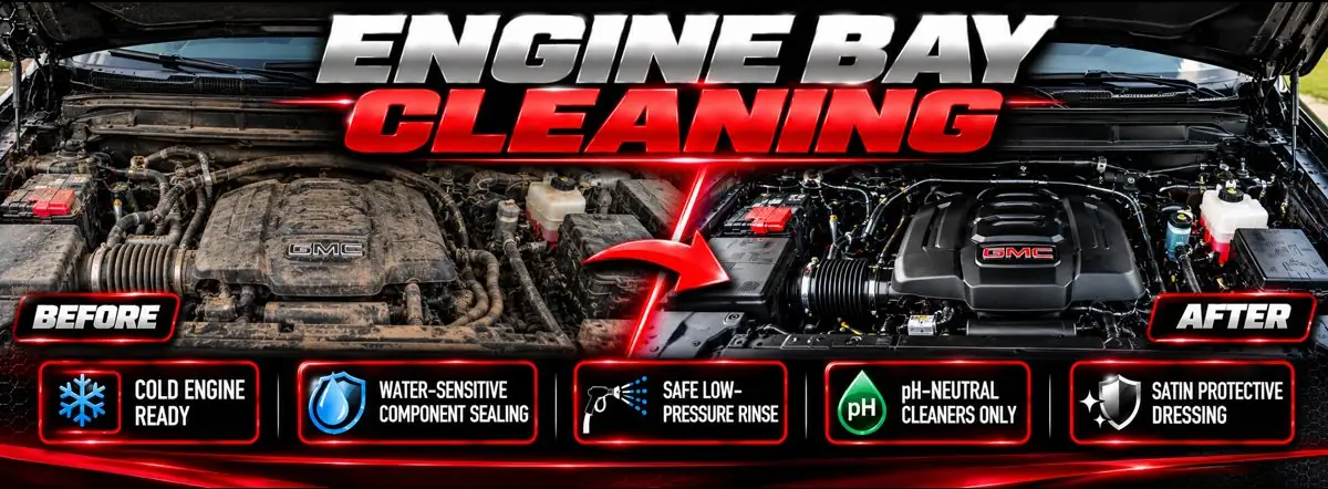 Engine bay cleaning before and after — safe low-pressure rinse, pH-neutral cleaners, satin dressing