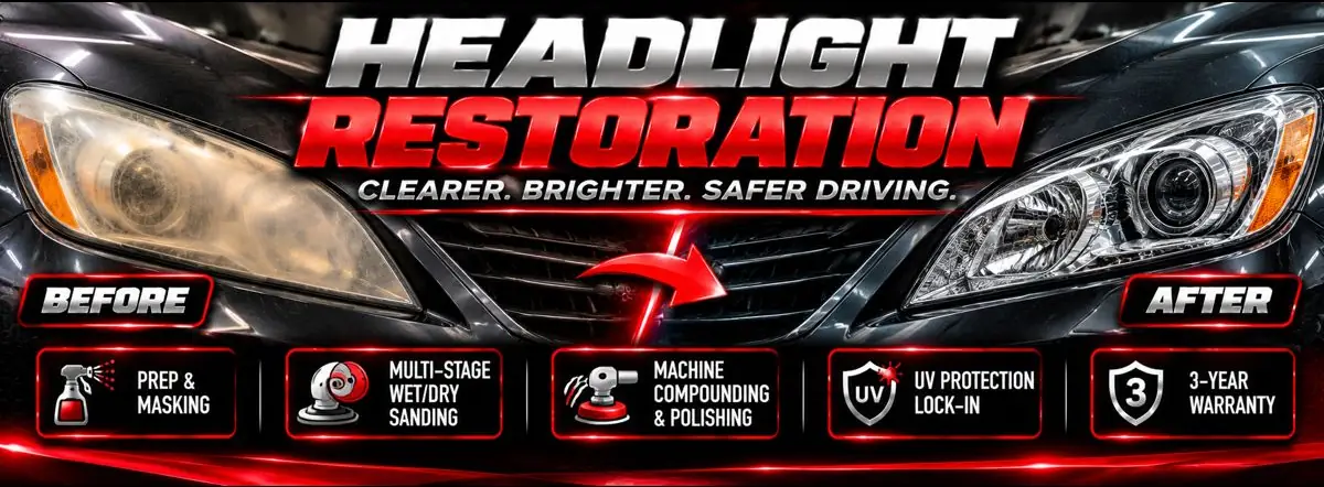 Headlight restoration before and after — clearer, brighter, safer driving with 3-year warranty
