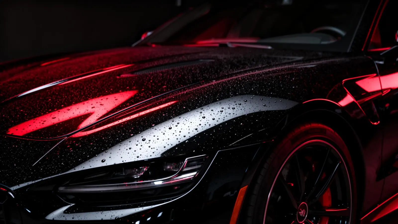 Glossy black car with red reflections after ceramic coating