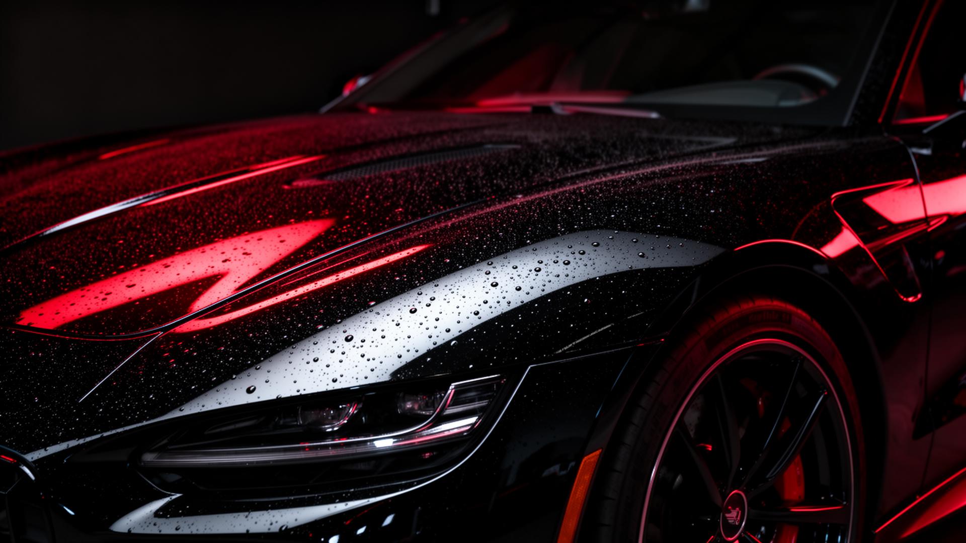 Glossy black car with red reflections after ceramic coating